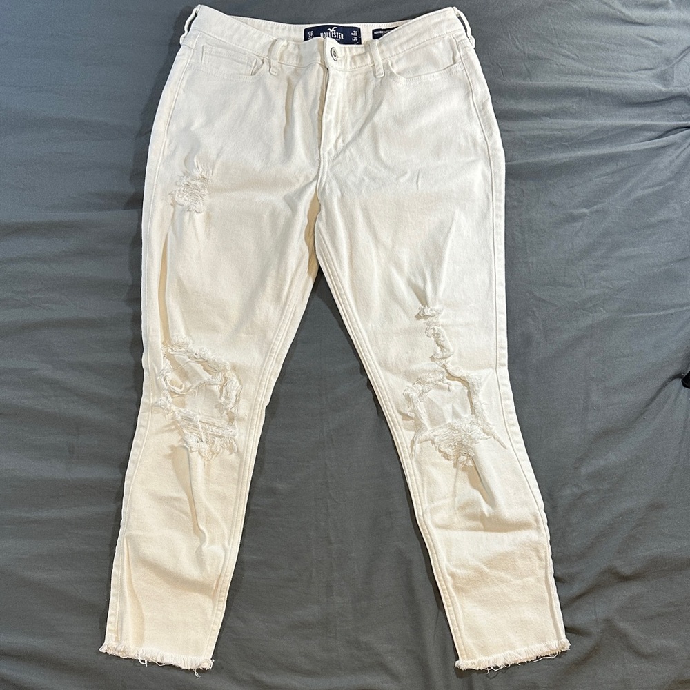 Hollister White Distressed Jeans with Raw Hem and Rips on Knees Size 9
